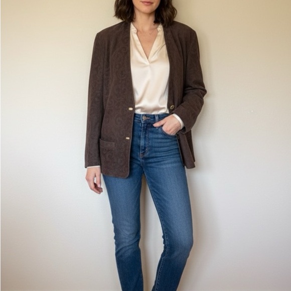 Vintage Salvatore Ferragamo Womens Dark Brown Suede Blazer Jacket Size 46 US 10 - Picture 1 of 9